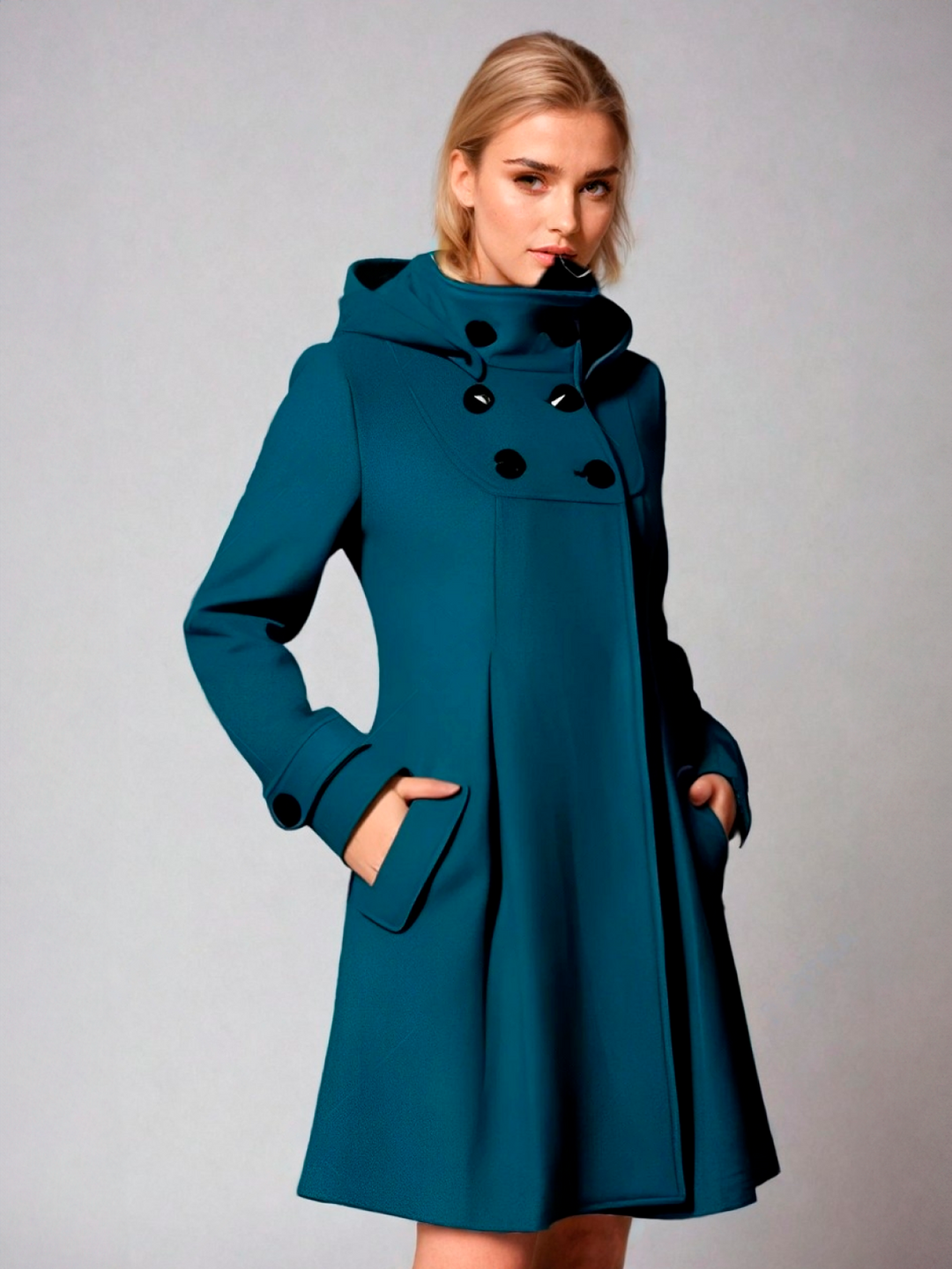 Women's Funnel Neck Coat with Double-Breasted Buttons