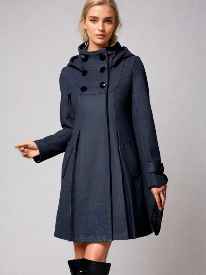 Women's Funnel Neck A-Line Coat with Double-Breasted Buttons