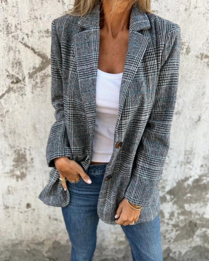 Women's Checkered Tailored Blazer with Notch Collar