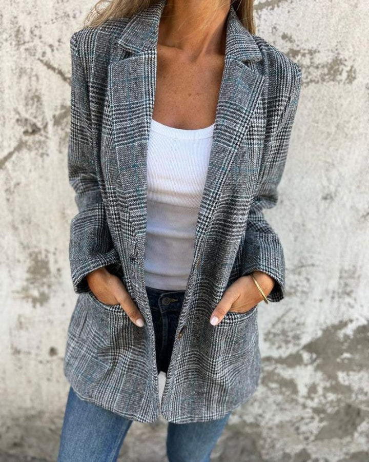 Women's Checkered Tailored Blazer with Notch Collar