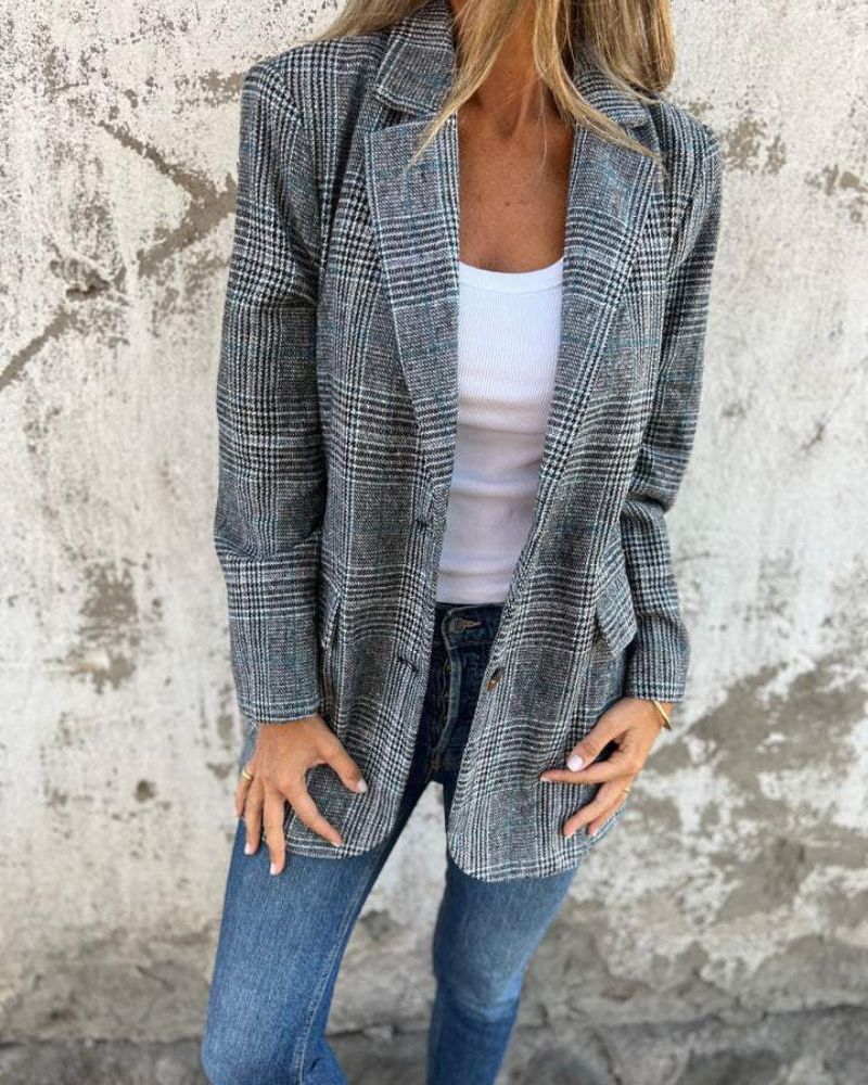 Women's Checkered Tailored Blazer with Notch Collar