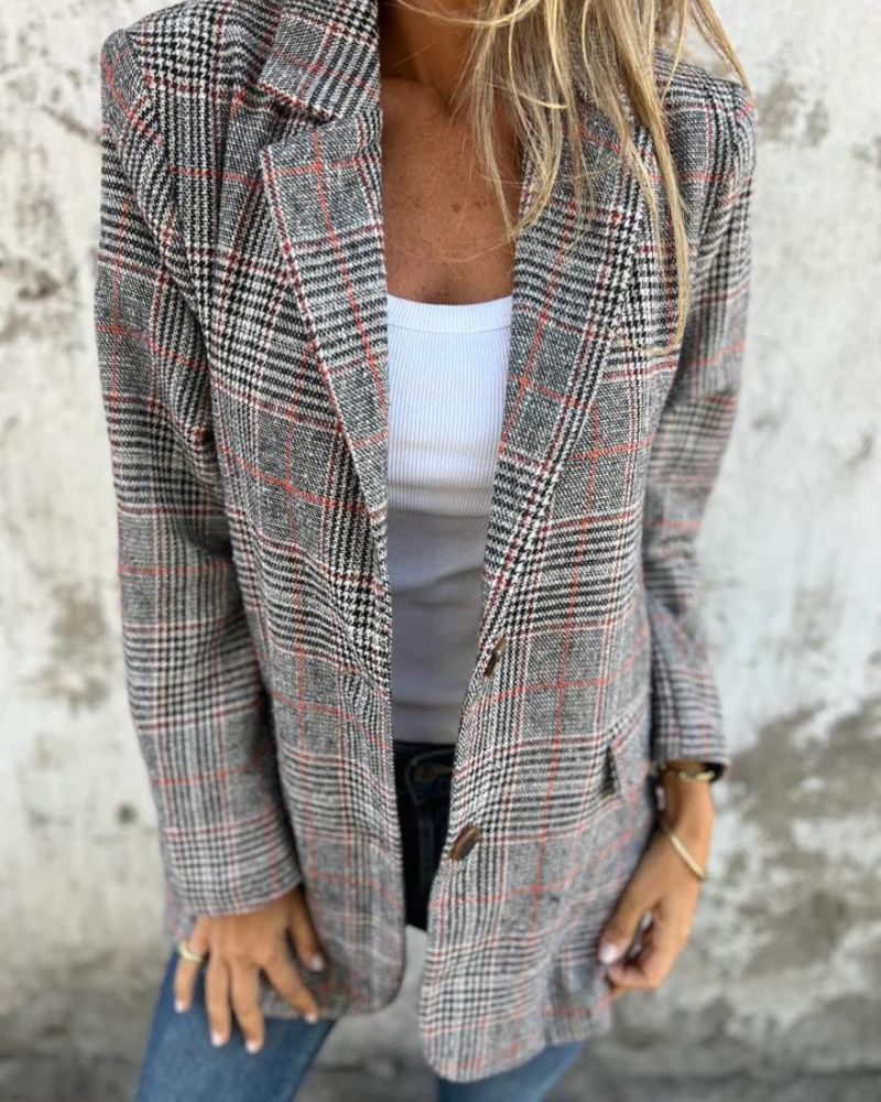 Women's Checkered Tailored Blazer with Notch Collar