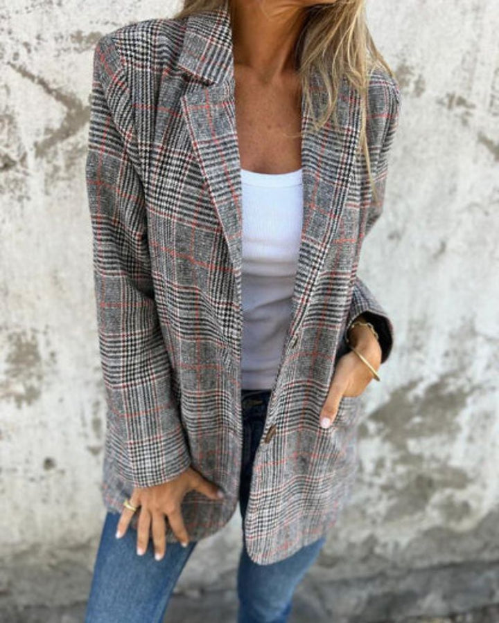 Women's Checkered Tailored Blazer with Notch Collar
