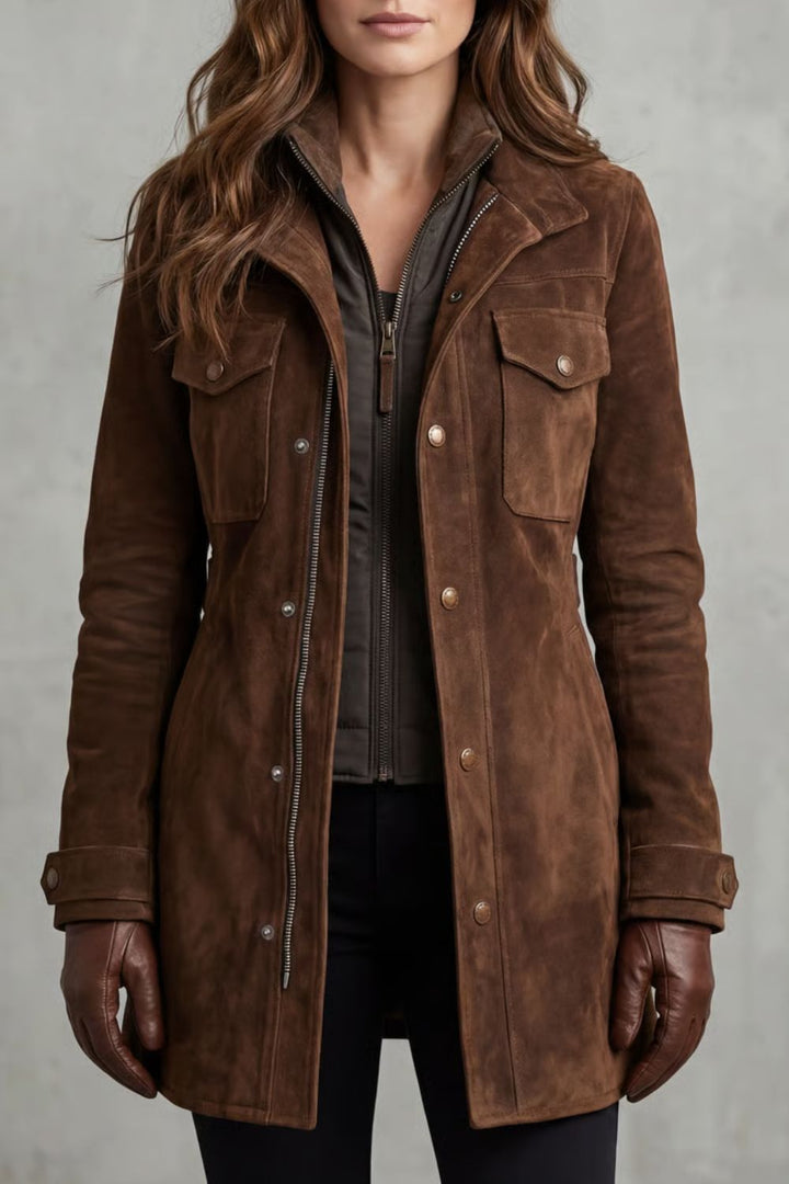 Women's Suede Longline Coat with Flap Pockets