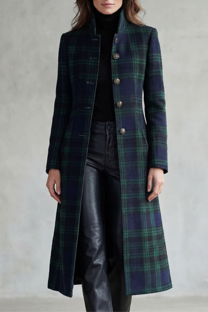 Women's Wool Blend Tartan Coat with Stand Collar