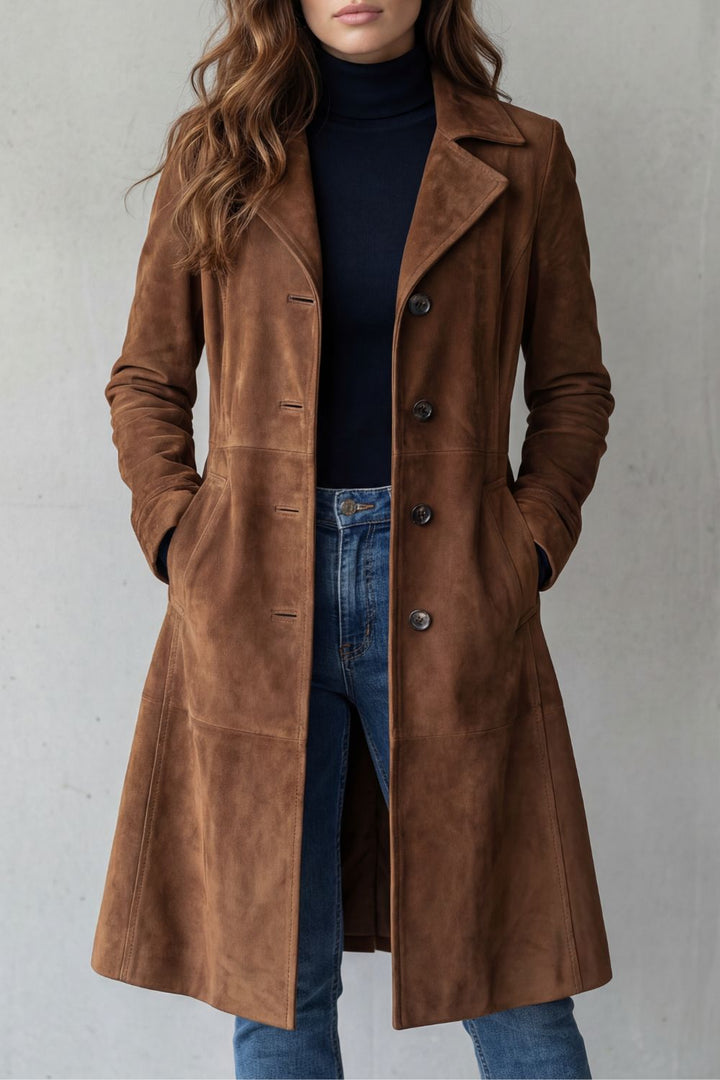 Women's Suede Longline Coat with Button Fastening