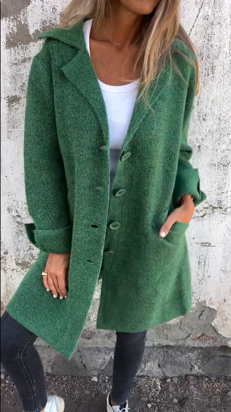 Women's Lapel Collar Longline Jacket with Button Closure