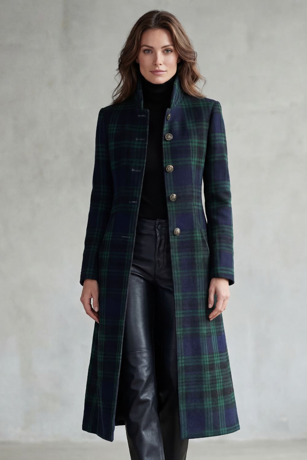 Women's Wool Blend Tartan Coat with Stand Collar