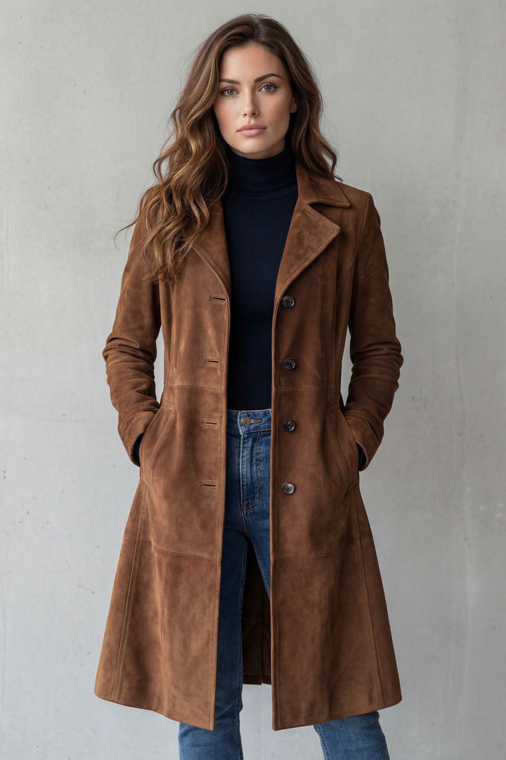 Women's Suede Longline Coat with Button Fastening