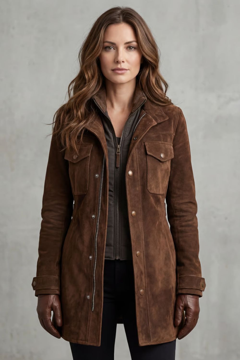 Women's Suede Longline Coat with Flap Pockets