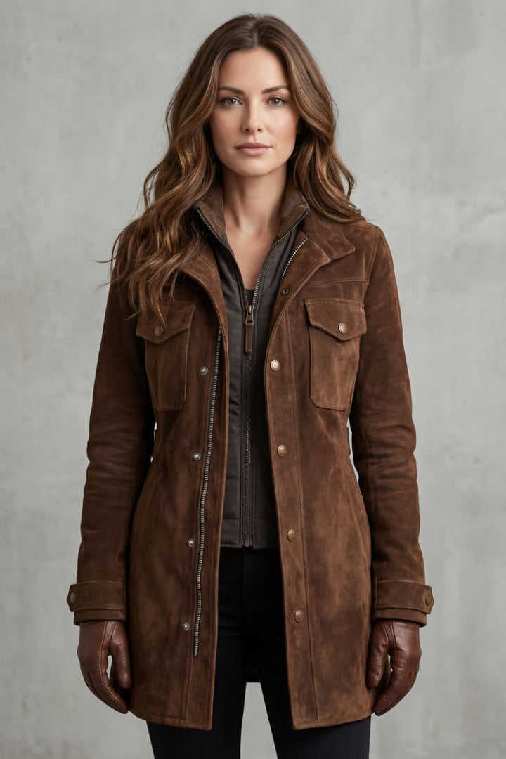 Women's Suede Longline Coat with Flap Pockets