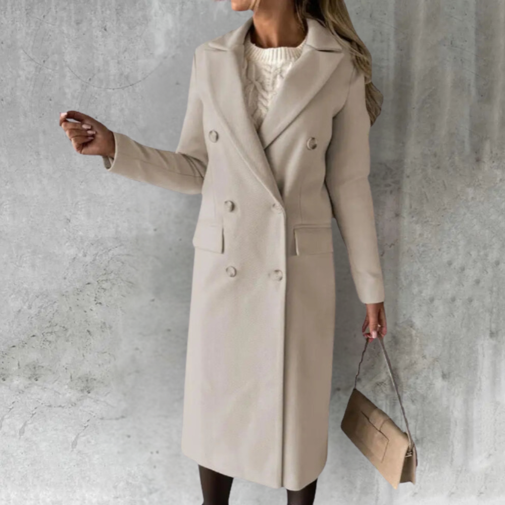 Women's Wool Double-Breasted Coat with Notched Lapel
