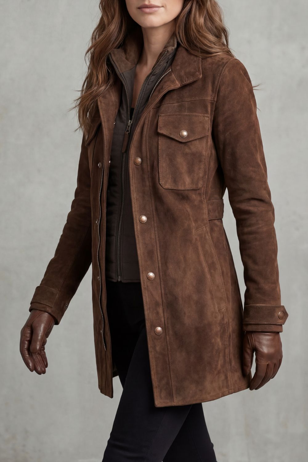 Women's Suede Longline Coat with Flap Pockets