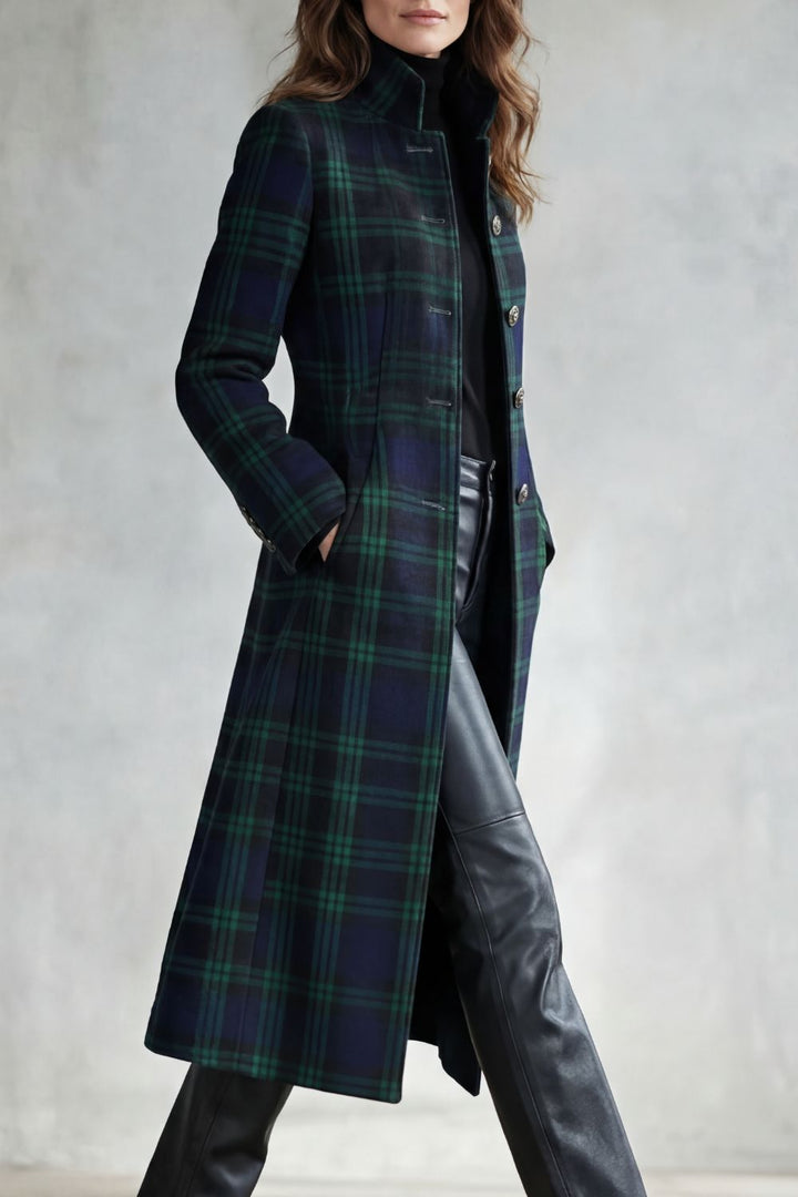 Women's Wool Blend Tartan Coat with Stand Collar