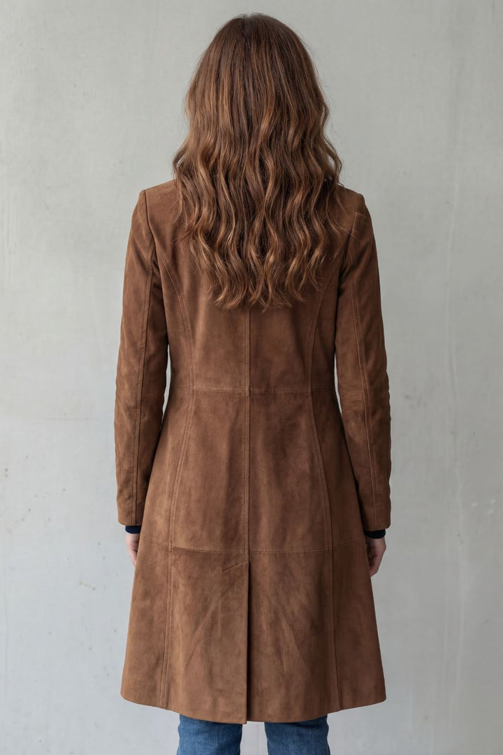 Women's Suede Longline Coat with Button Fastening