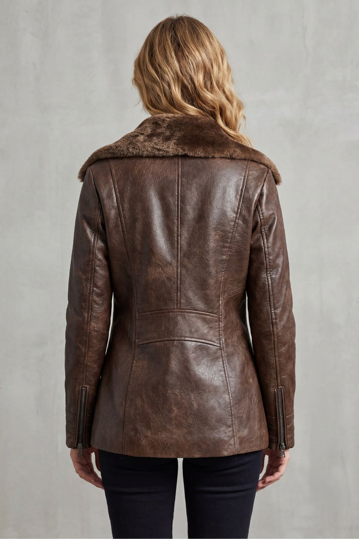 Women's Leather Jacket with Shearling Fur Collar