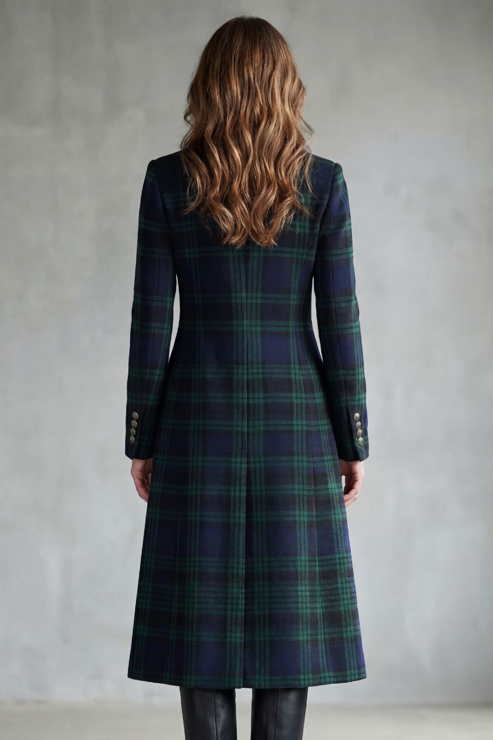 Women's Wool Blend Tartan Coat with Stand Collar