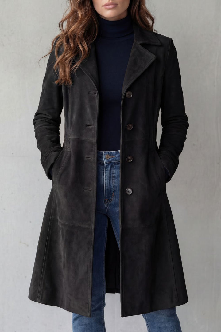 Women's Suede Longline Coat with Button Fastening