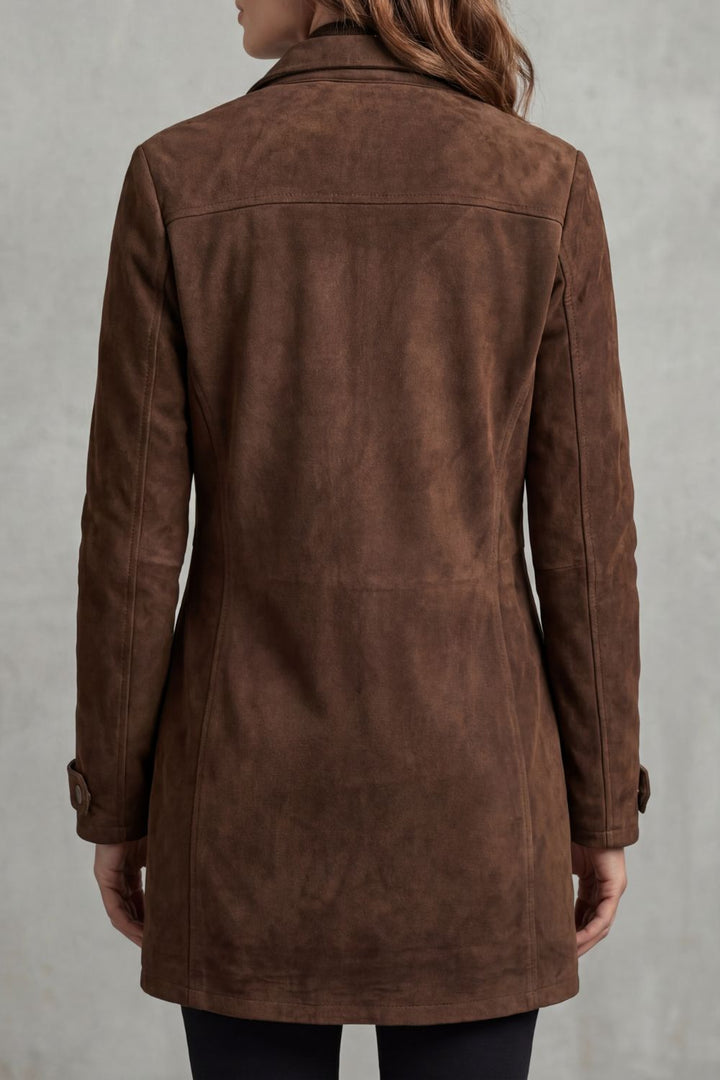Women's Suede Longline Coat with Flap Pockets