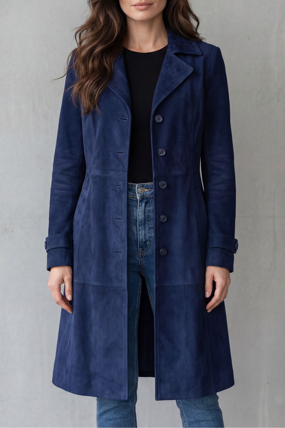 Women's Suede Longline Coat with Button Fastening