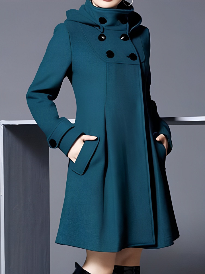 Women's Funnel Neck Coat with Double-Breasted Buttons