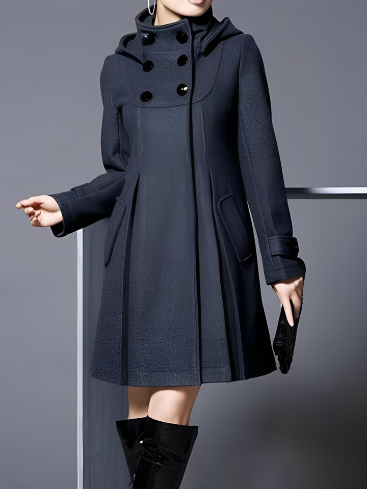 Women's Funnel Neck A-Line Coat with Double-Breasted Buttons