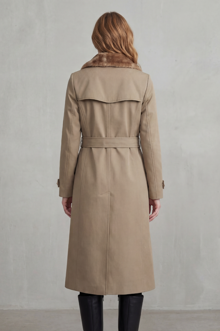 Women's Faux Fur Lined Trench Coat with Double-Breasted Closure
