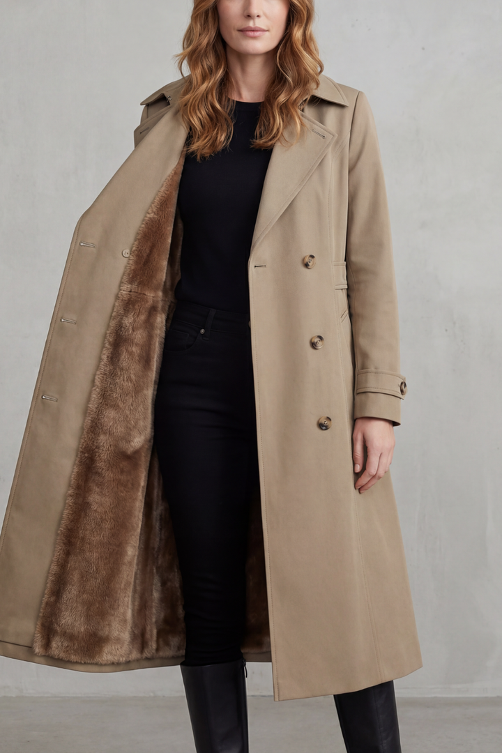 Women's Faux Fur Lined Trench Coat with Double-Breasted Closure