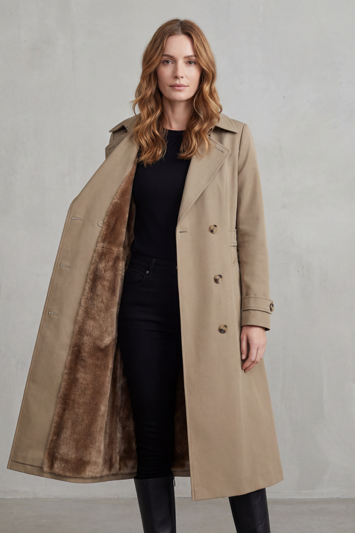 Women's Faux Fur Lined Trench Coat with Double-Breasted Closure
