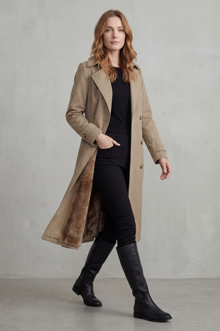 Women's Faux Fur Lined Trench Coat with Double-Breasted Closure