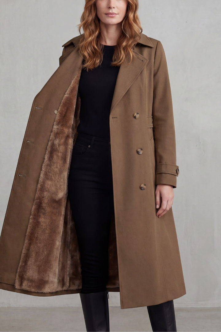Women's Faux Fur Lined Trench Coat with Double-Breasted Closure