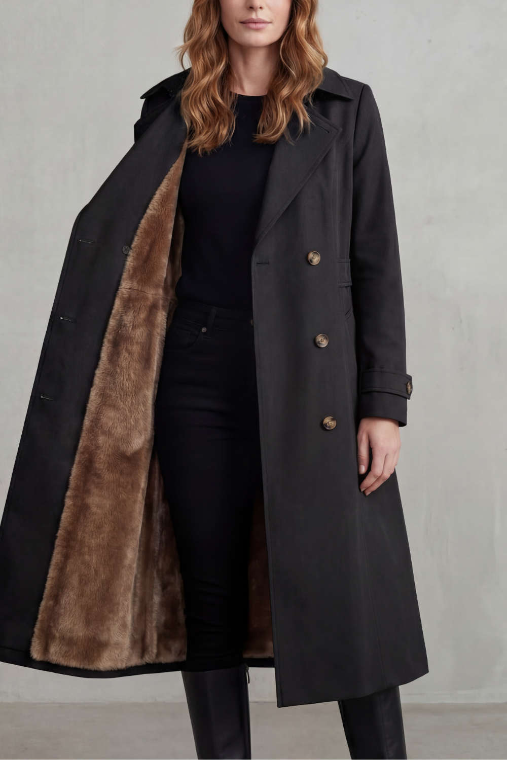 Women's Faux Fur Lined Trench Coat with Double-Breasted Closure