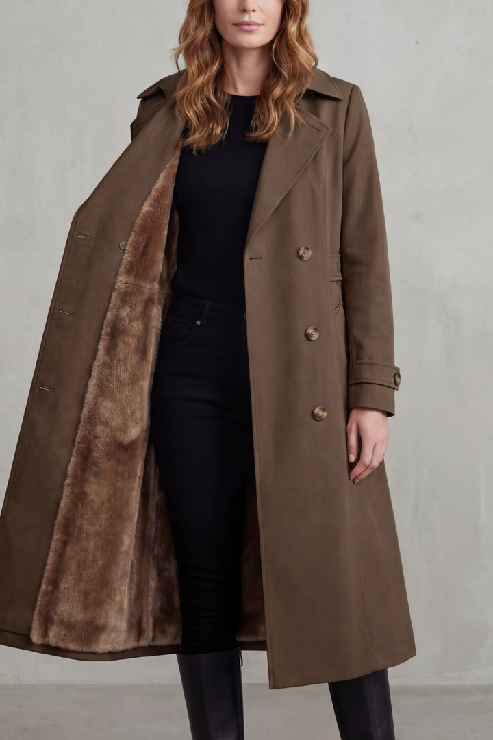 Women's Faux Fur Lined Trench Coat with Double-Breasted Closure