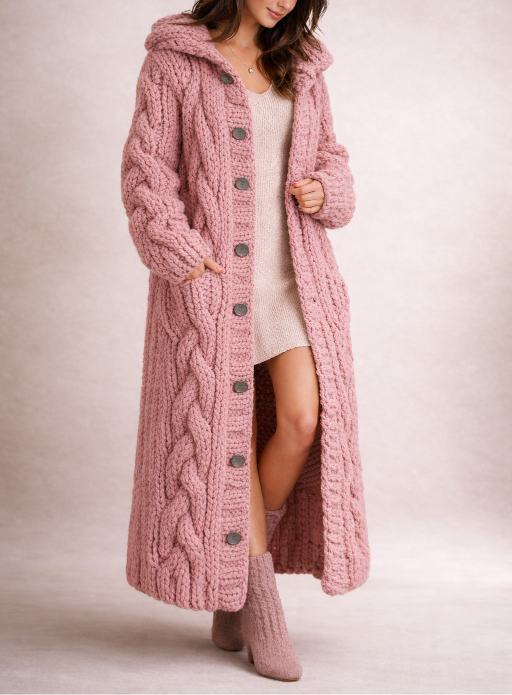 Women's Cable Knit Longline Cardigan Coat with Hood