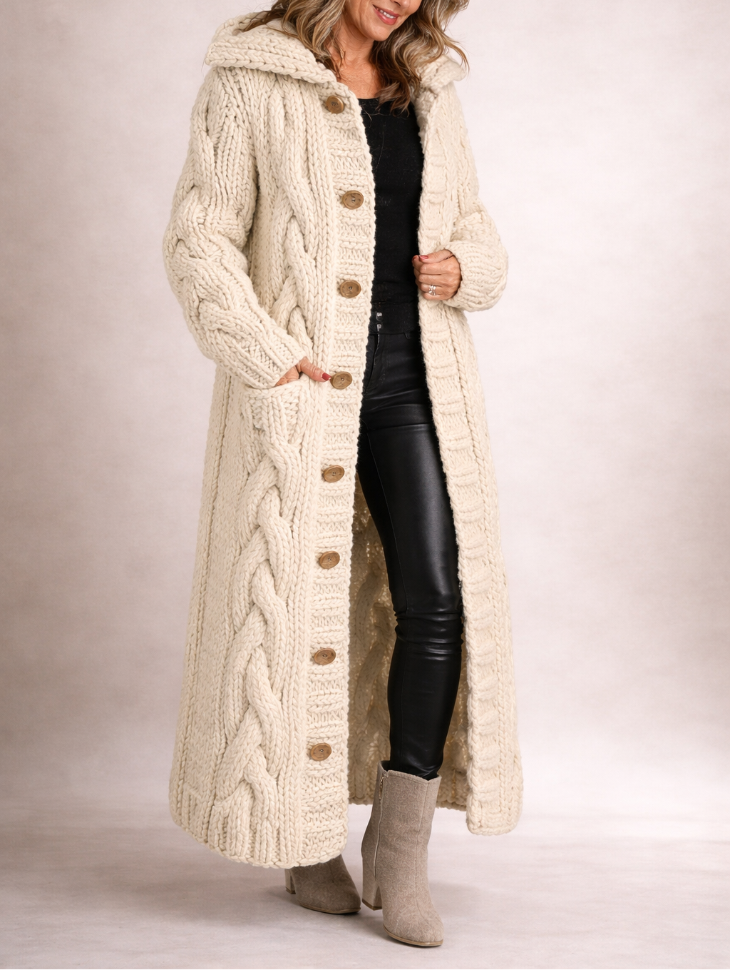 Women's Cable Knit Longline Cardigan Coat with Hood