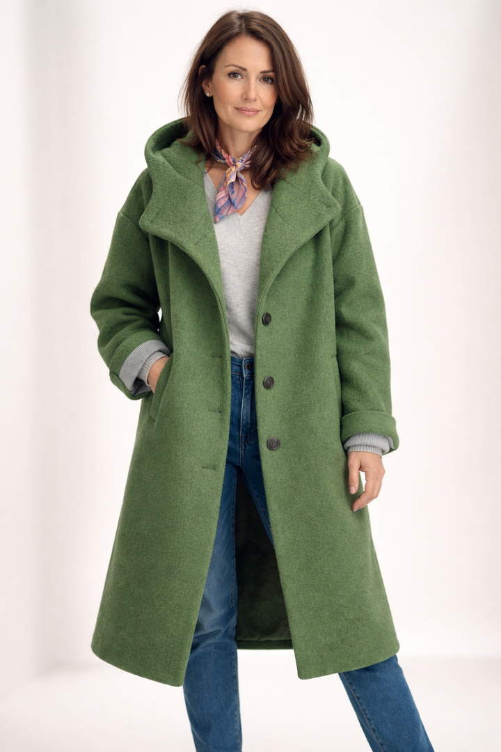 Women's Hooded Longline Coat with Button-Down Front