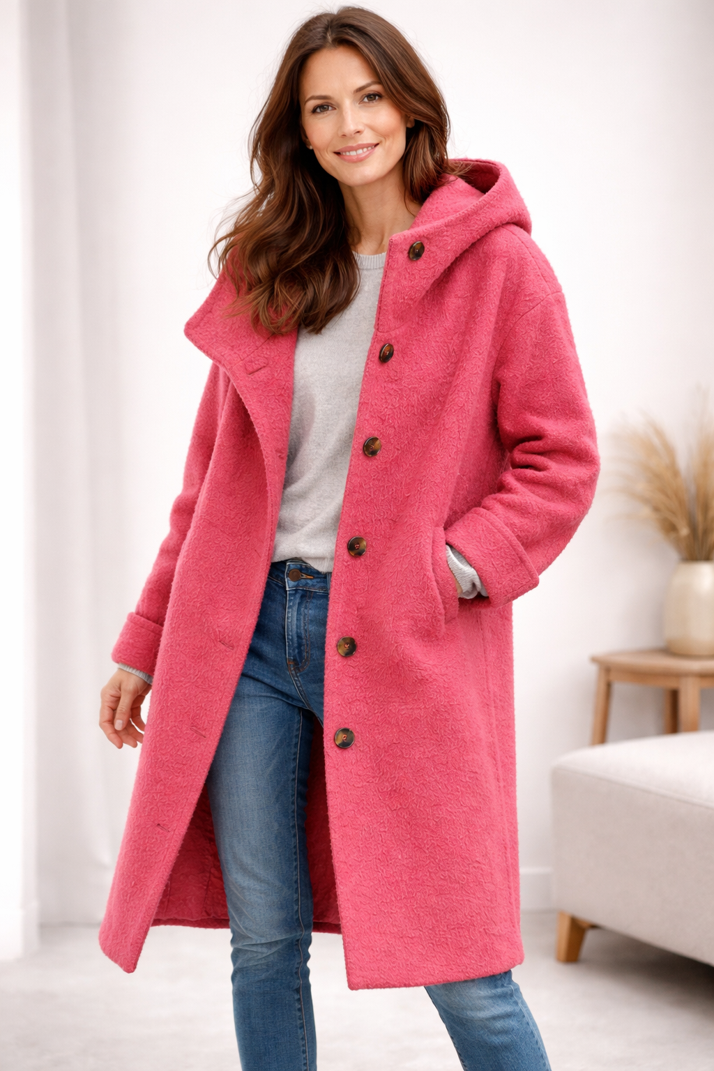 Women's Hooded Longline Coat with Button-Down Front