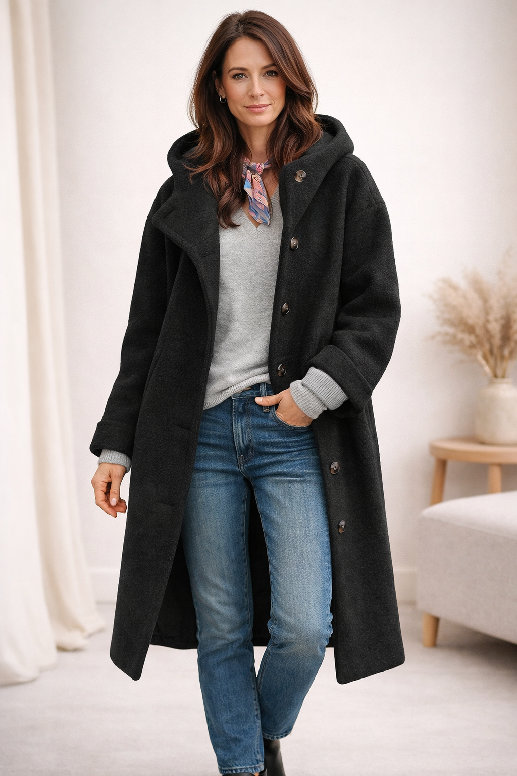 Women's Hooded Longline Coat with Button-Down Front