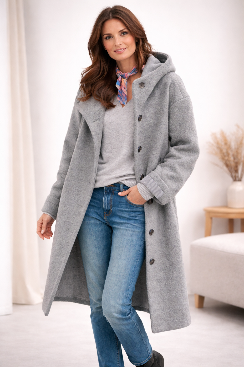 Women's Hooded Longline Coat with Button-Down Front