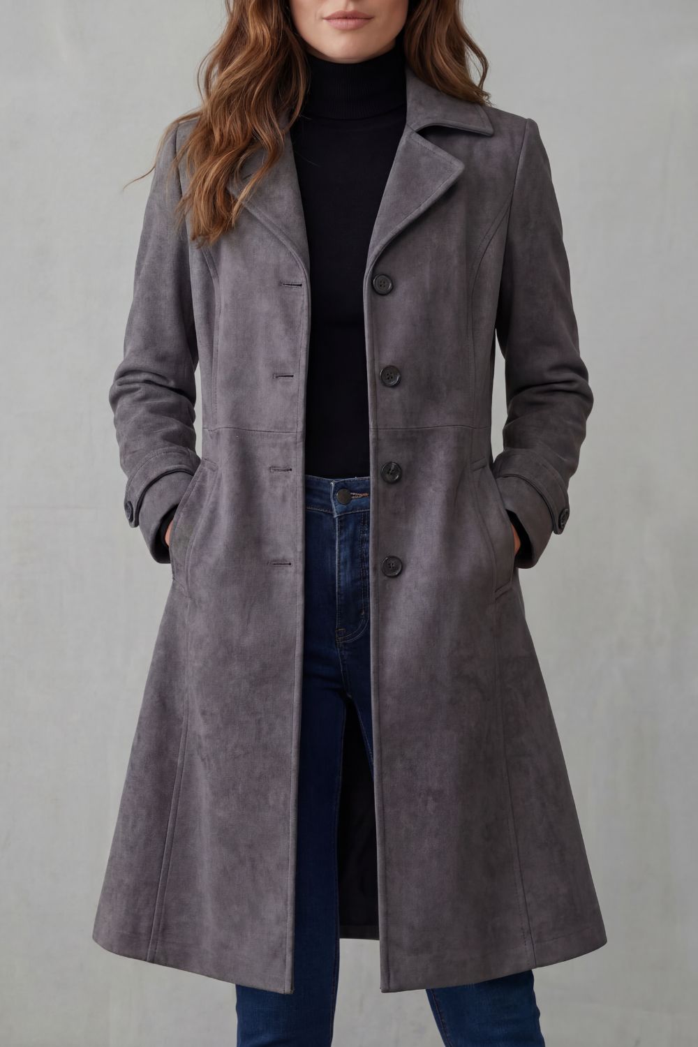 Women's Suede Longline Coat with Button Fastening