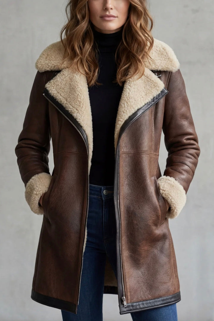 Women's Leather Shearling Lined Coat with Zip Fastening