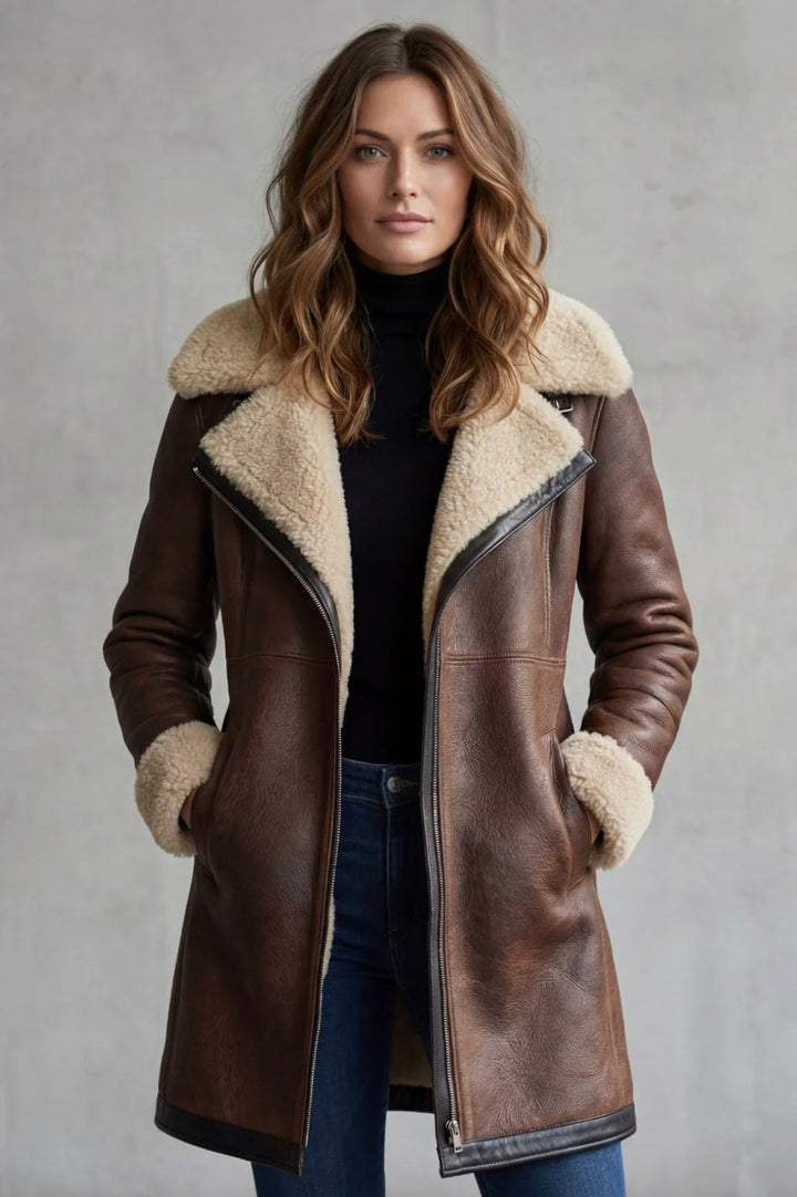 Women's Leather Shearling Lined Coat with Zip Fastening