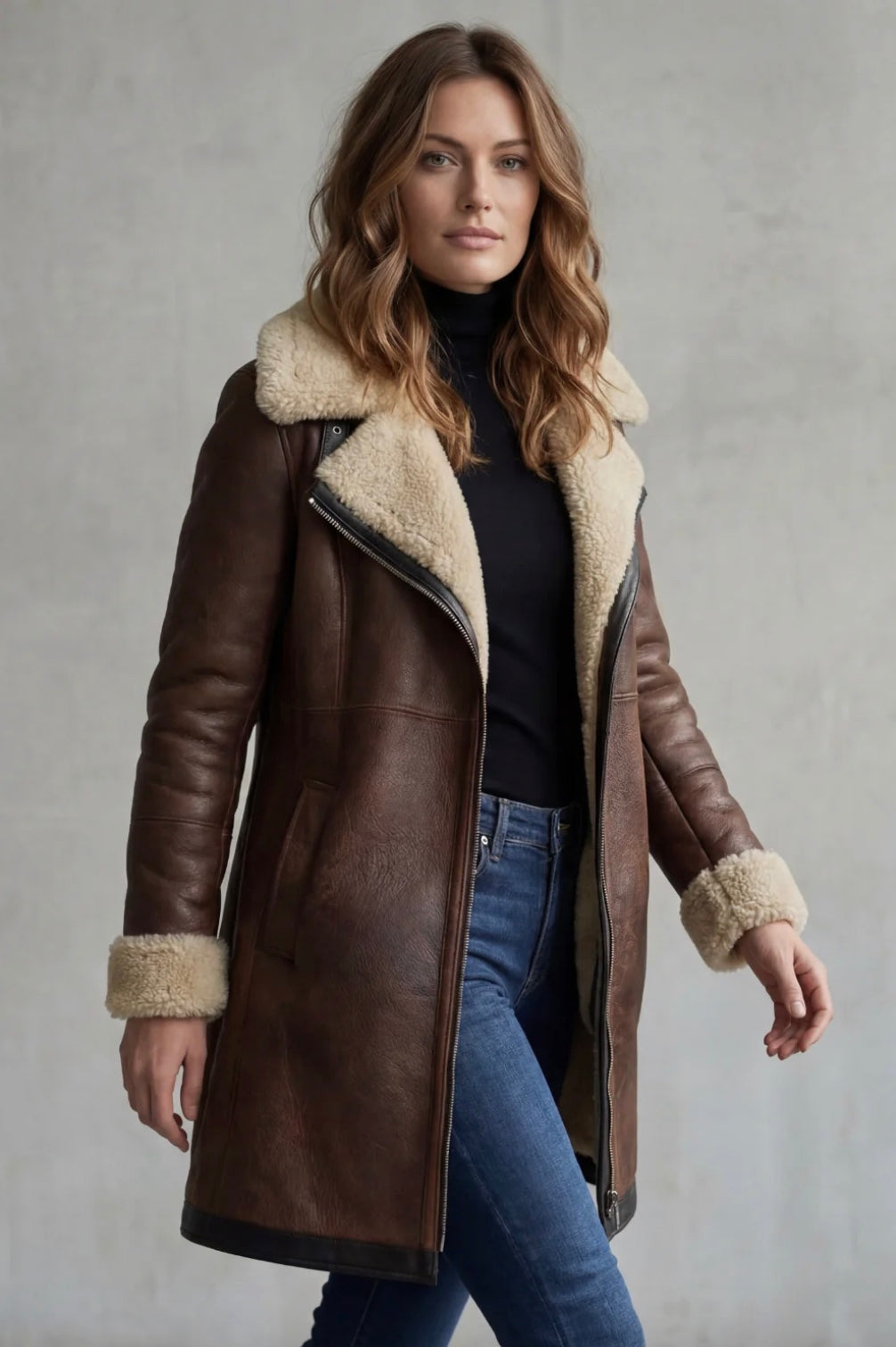 Women's Leather Shearling Lined Coat with Zip Fastening