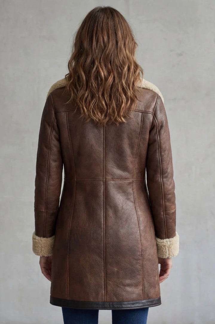 Women's Leather Shearling Lined Coat with Zip Fastening