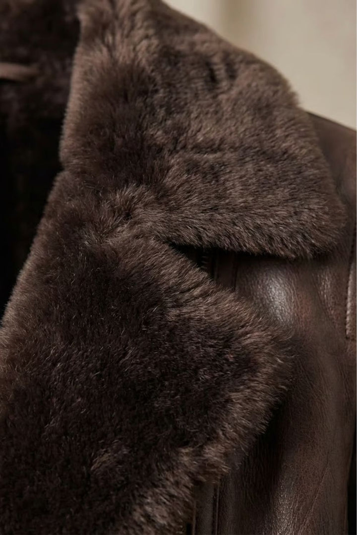 Women's Leather Jacket with Shearling Fur Collar