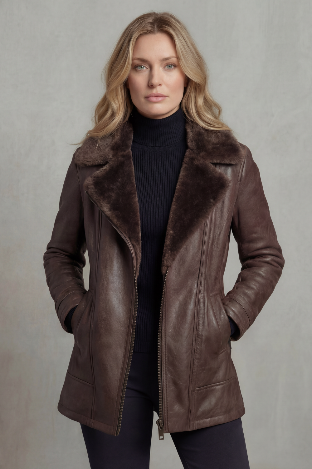 Women's Leather Jacket with Shearling Fur Collar