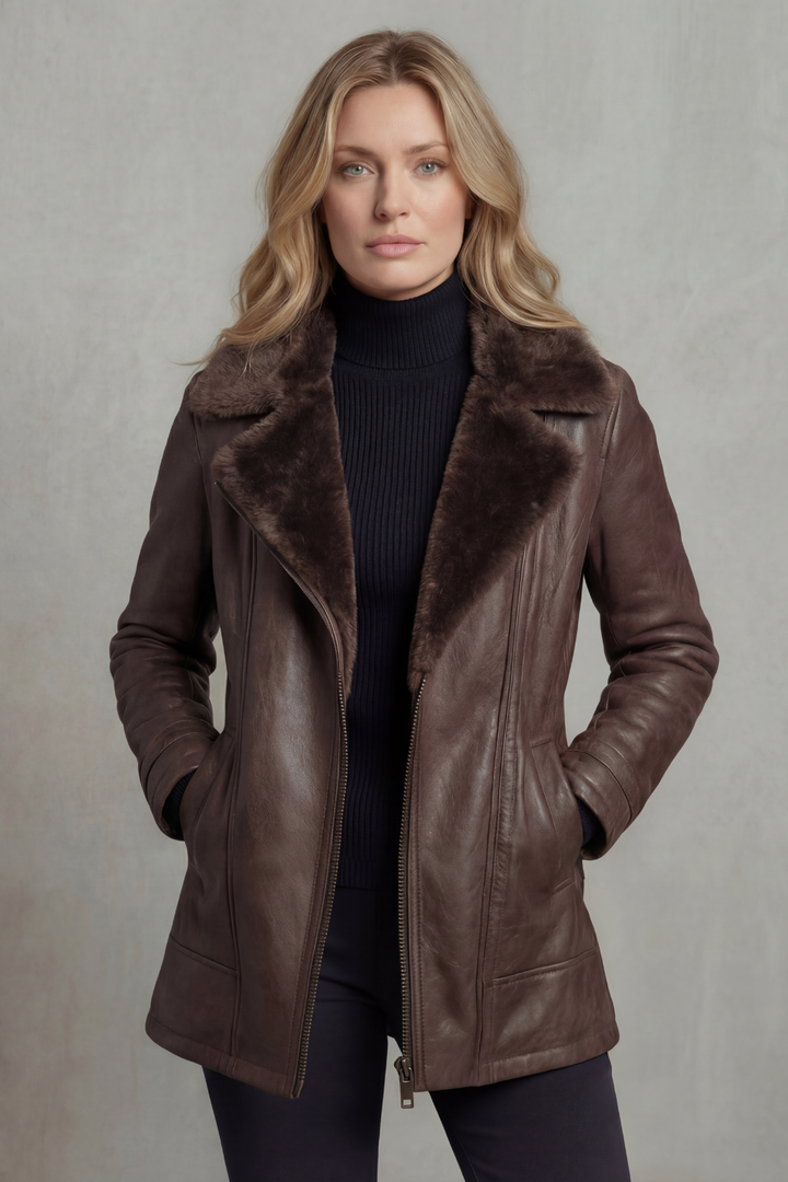 Women's Leather Jacket with Shearling Fur Collar