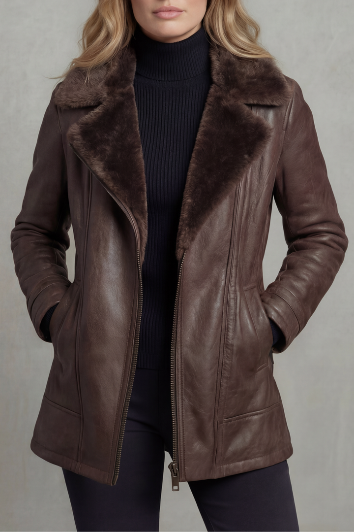 Women's Leather Jacket with Shearling Fur Collar