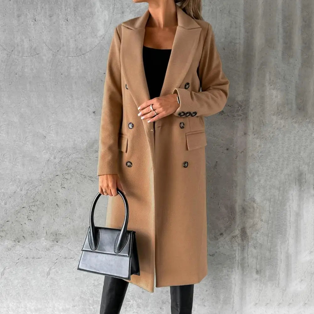 Women's Wool Double-Breasted Coat with Notched Lapel
