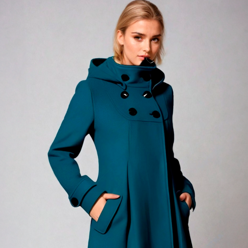 Women's Funnel Neck Coat with Double-Breasted Buttons